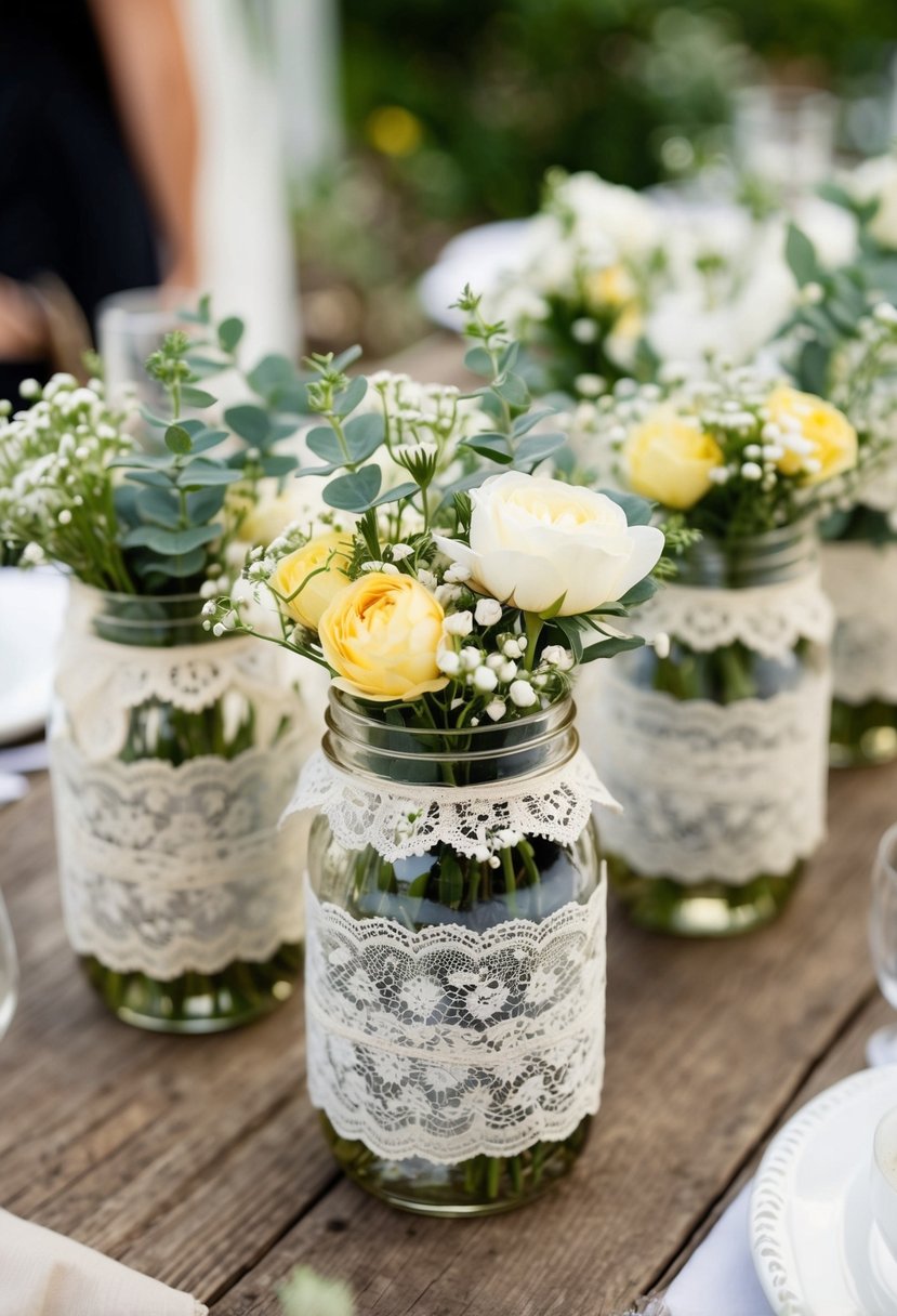 Mason jars wrapped in lace, filled with flowers, adorn a rustic wedding table