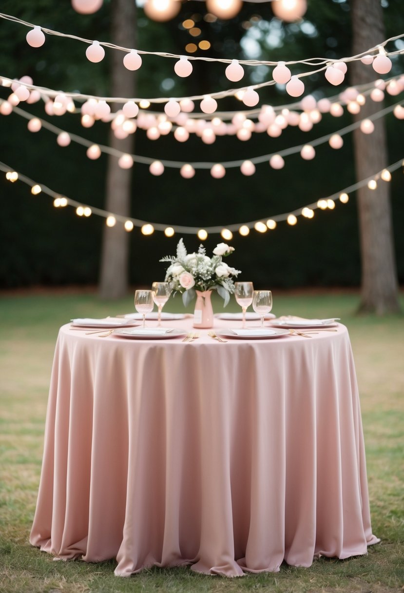 Dusty pink string lights draped over a warm blush wedding table, creating a soft and romantic atmosphere