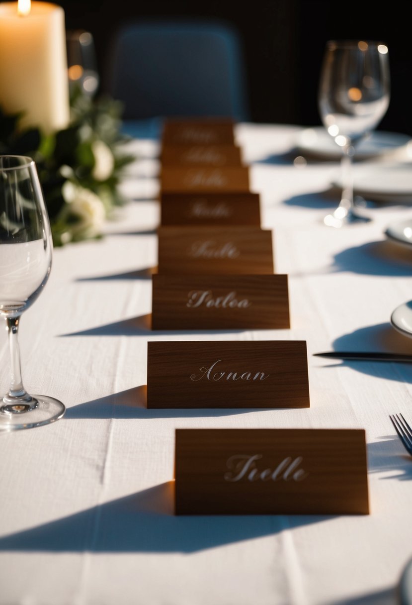 A row of sleek wooden place cards on a white linen table, casting soft shadows in the warm glow of candlelight