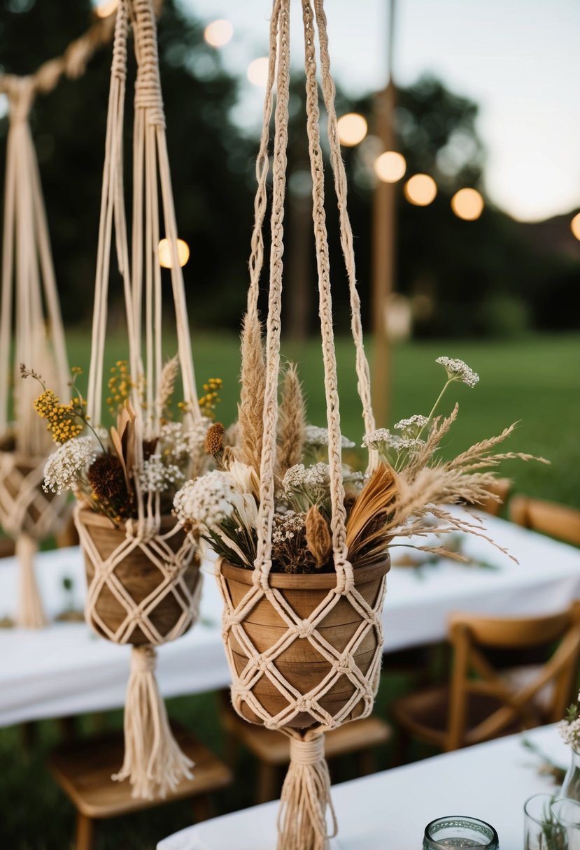 Macramé planters hang with dried wildflowers, creating a rustic wedding table decoration