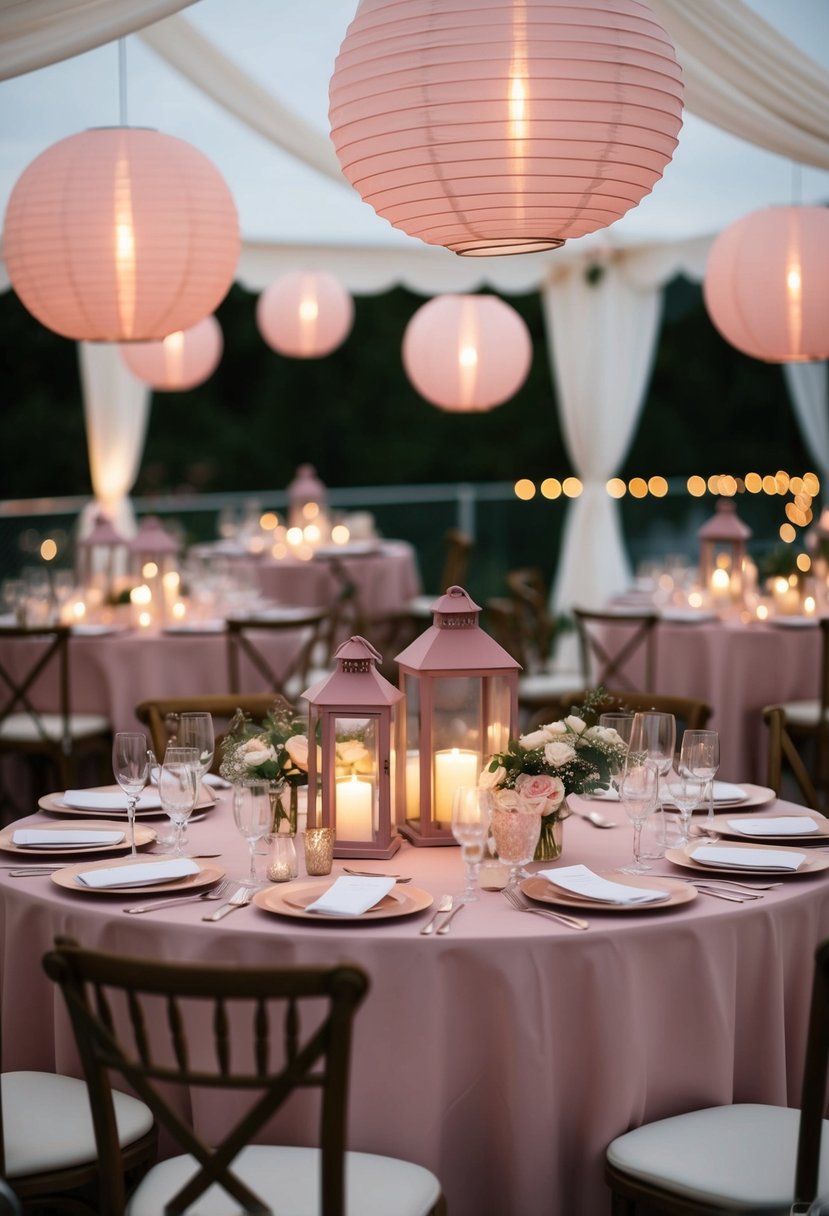 A table set with dusty pink lantern centerpieces, casting a soft glow over a romantic wedding reception