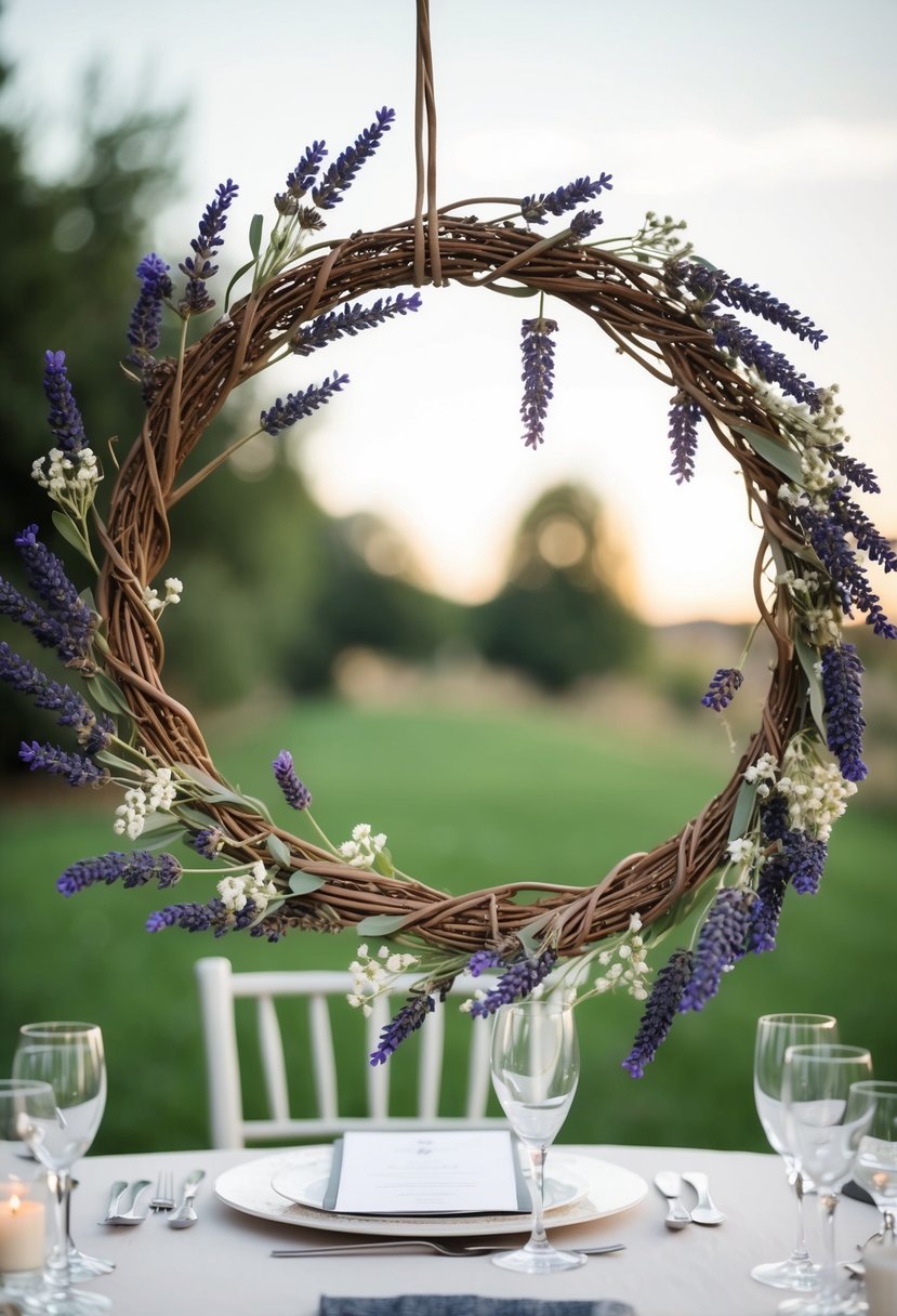 A grape vine wreath adorned with intertwined dried lavender and flowers, serving as a wedding table decoration