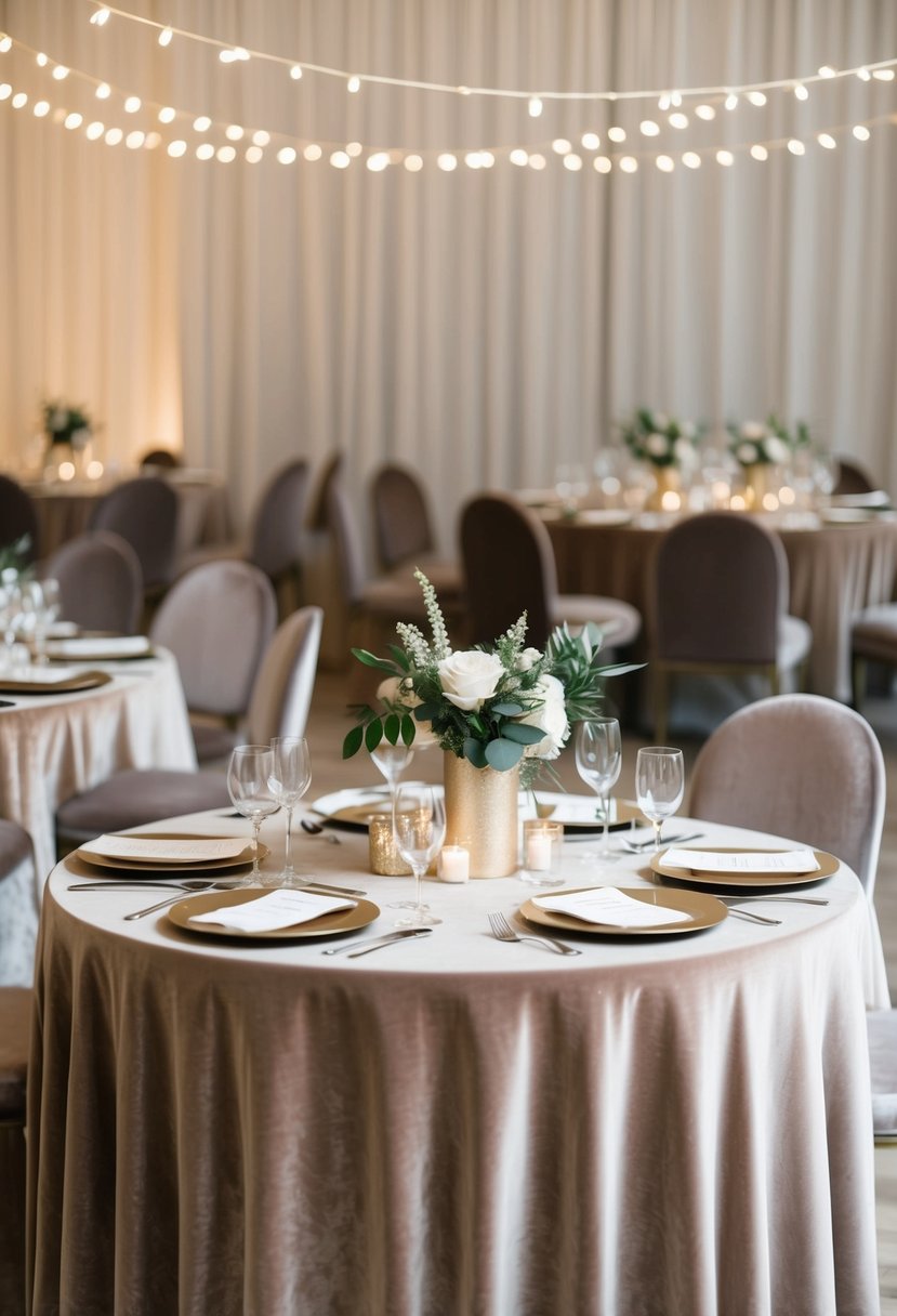 A table set with velvet tablecloths in neutral tones, adorned with simple and elegant wedding decorations