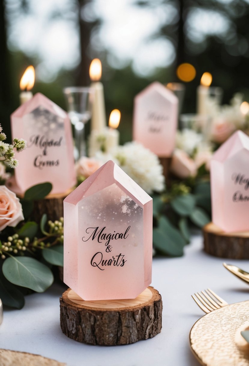 A table adorned with dusty pink quartz placeholders, surrounded by magical wedding decorations