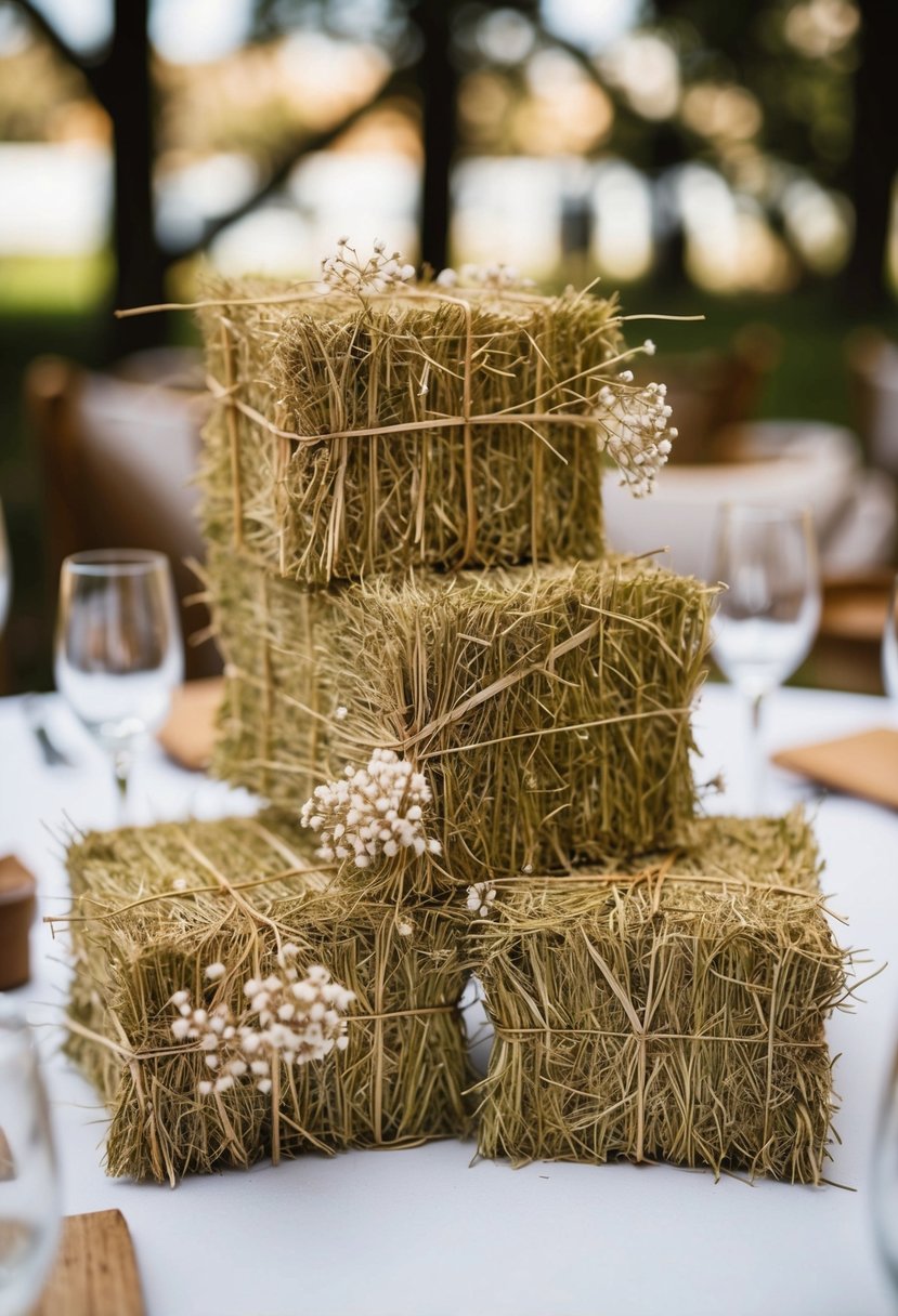 Miniature hay bales arranged with dried baby's breath sprigs for a wedding table decoration