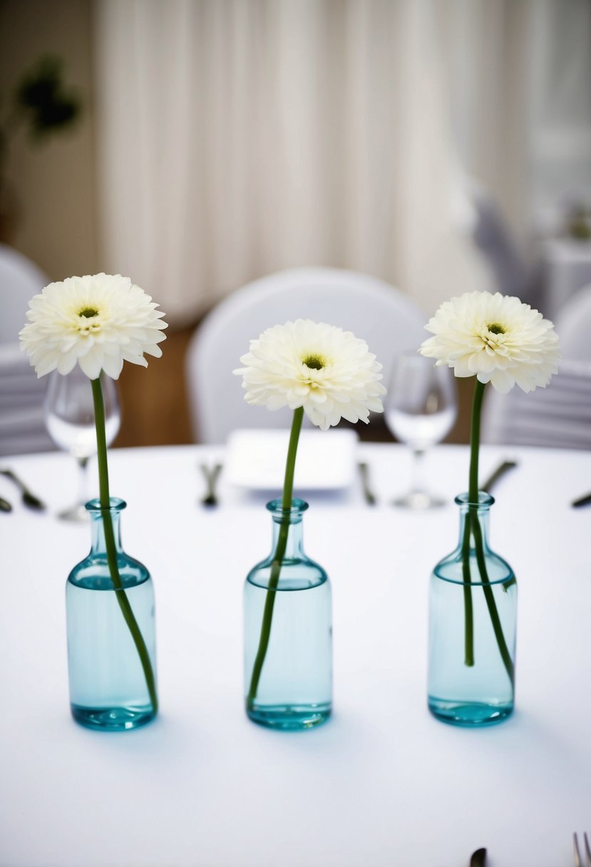 A white table with three bud vases, each holding a single stem flower. Elegant and simple wedding decor