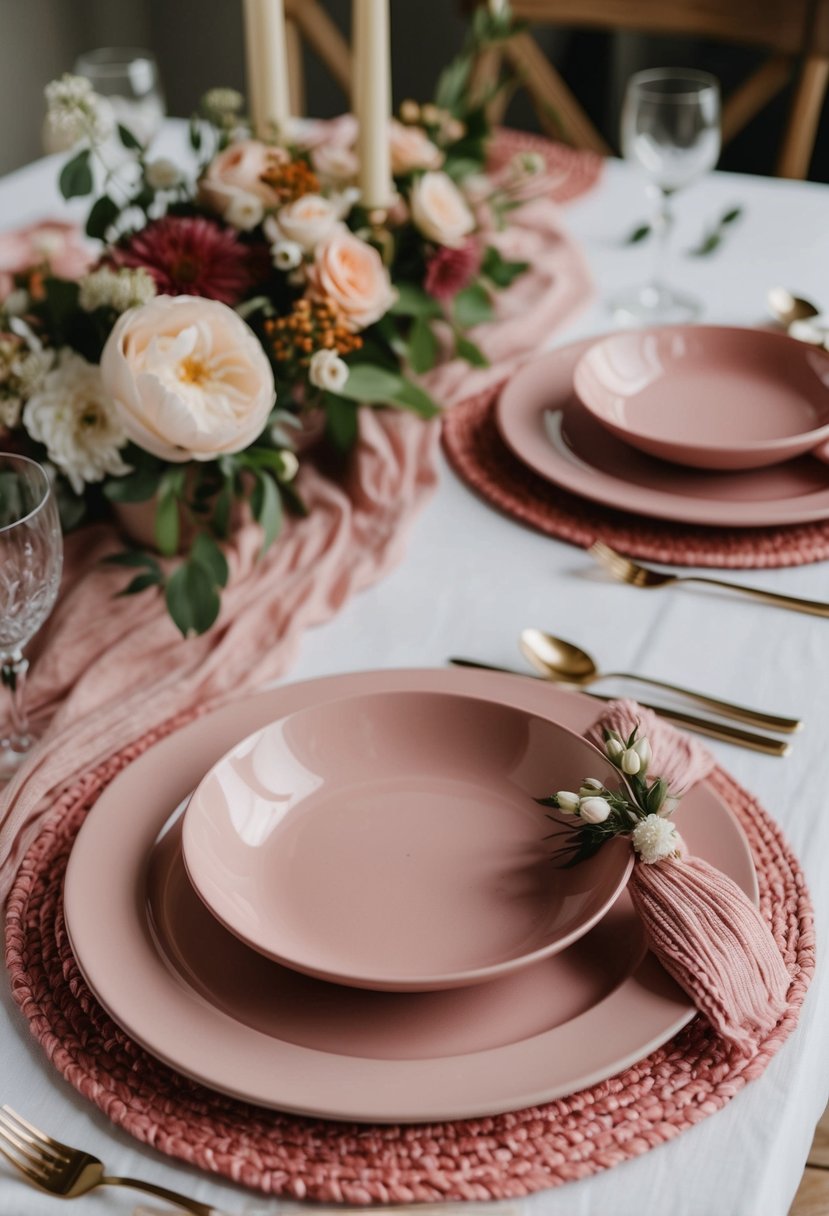 A rustic blush pink table set with matching mats and floral decor