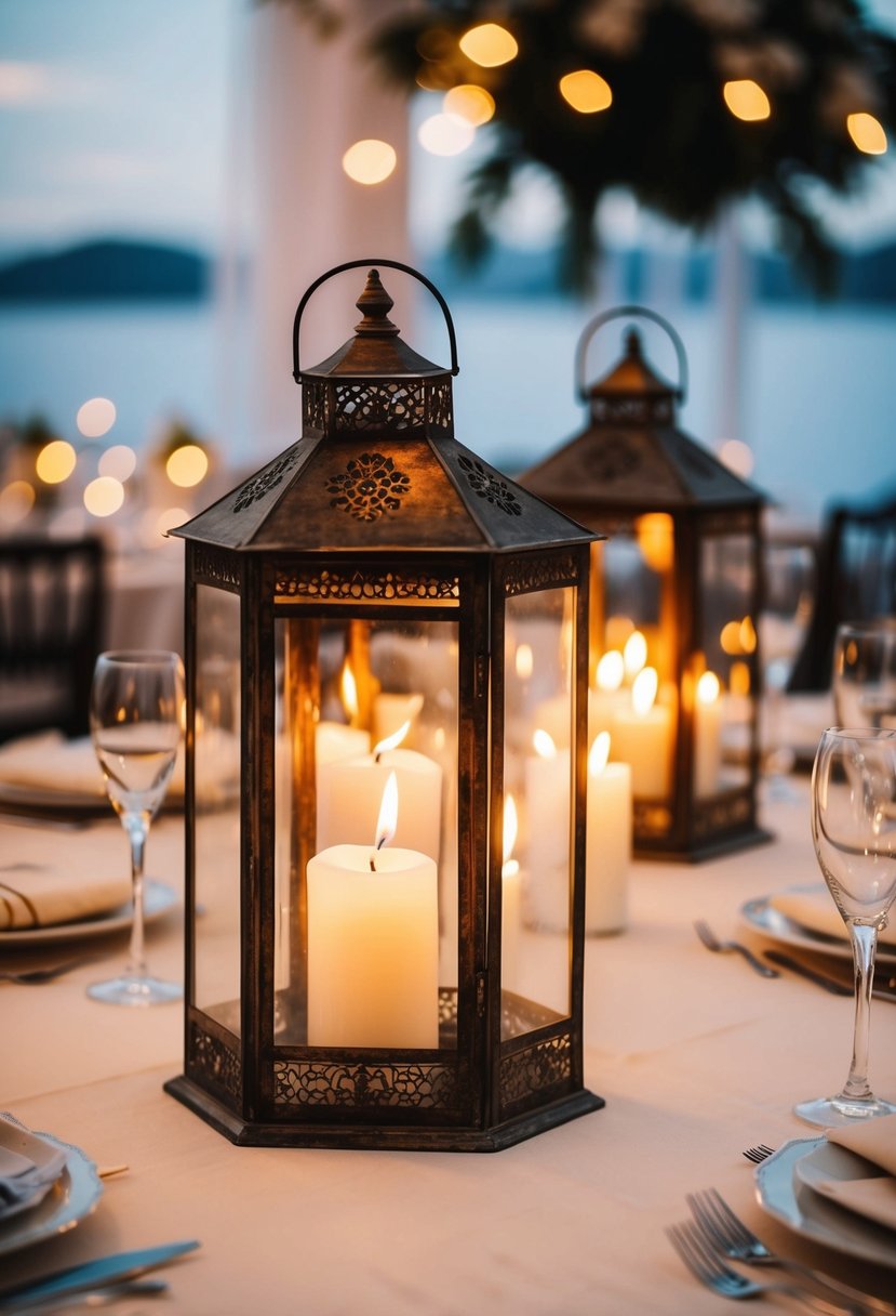 Elegant vintage lanterns with flickering candlelight adorn a simple wedding table