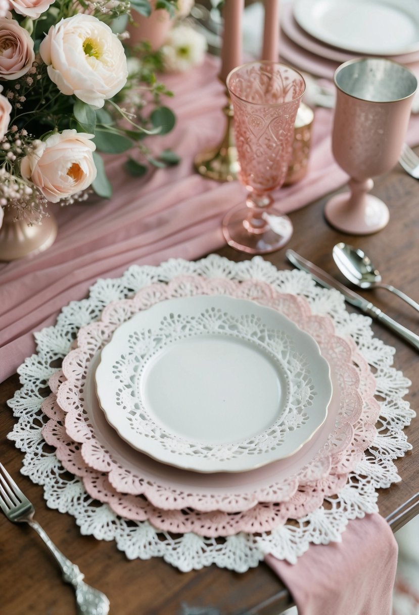 A table adorned with delicate pink lace doilies, surrounded by dusty pink wedding decorations