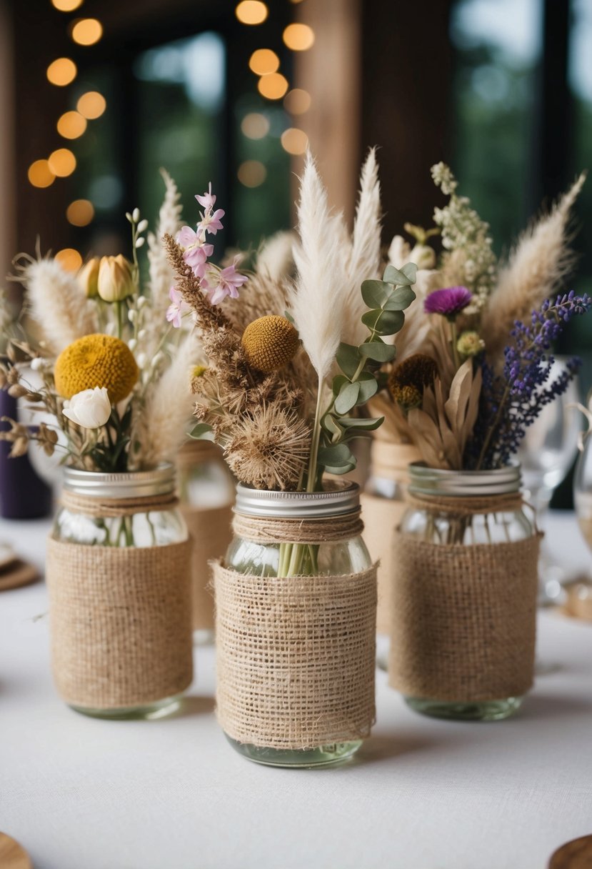 Mason jars wrapped in burlap, filled with an assortment of dried flowers and flora, arranged as wedding table decorations