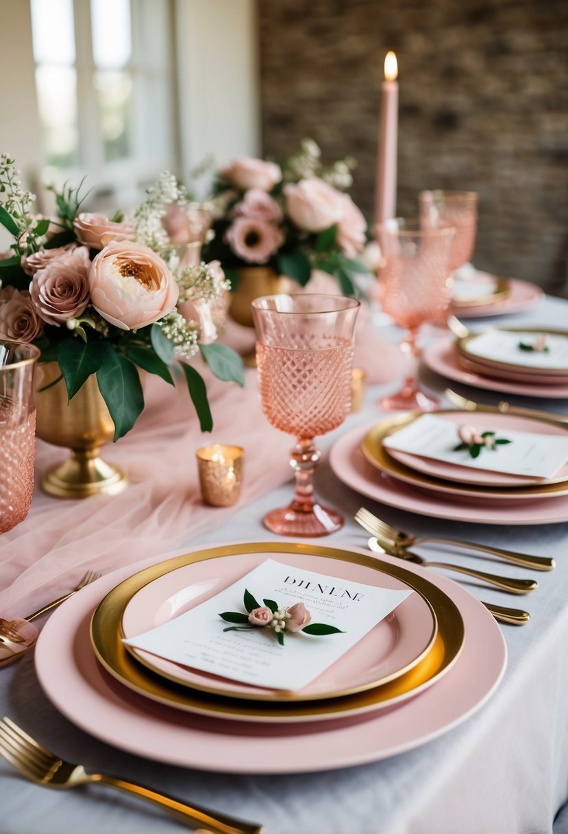 A table set with charming pink and gold plates, adorned with dusty pink wedding decorations