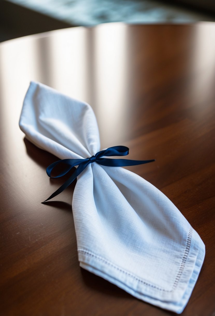 A white linen napkin with a silk ribbon tied neatly in the center, resting on a polished wooden table