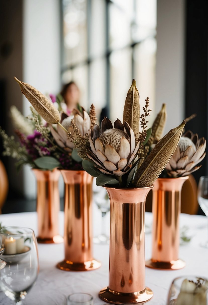 Copper vases hold dried proteas and seed pods, arranged on a wedding table