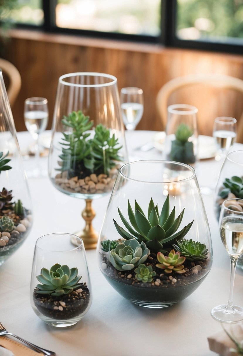 Glass terrariums hold various succulents, creating an elegant and simple wedding table decoration