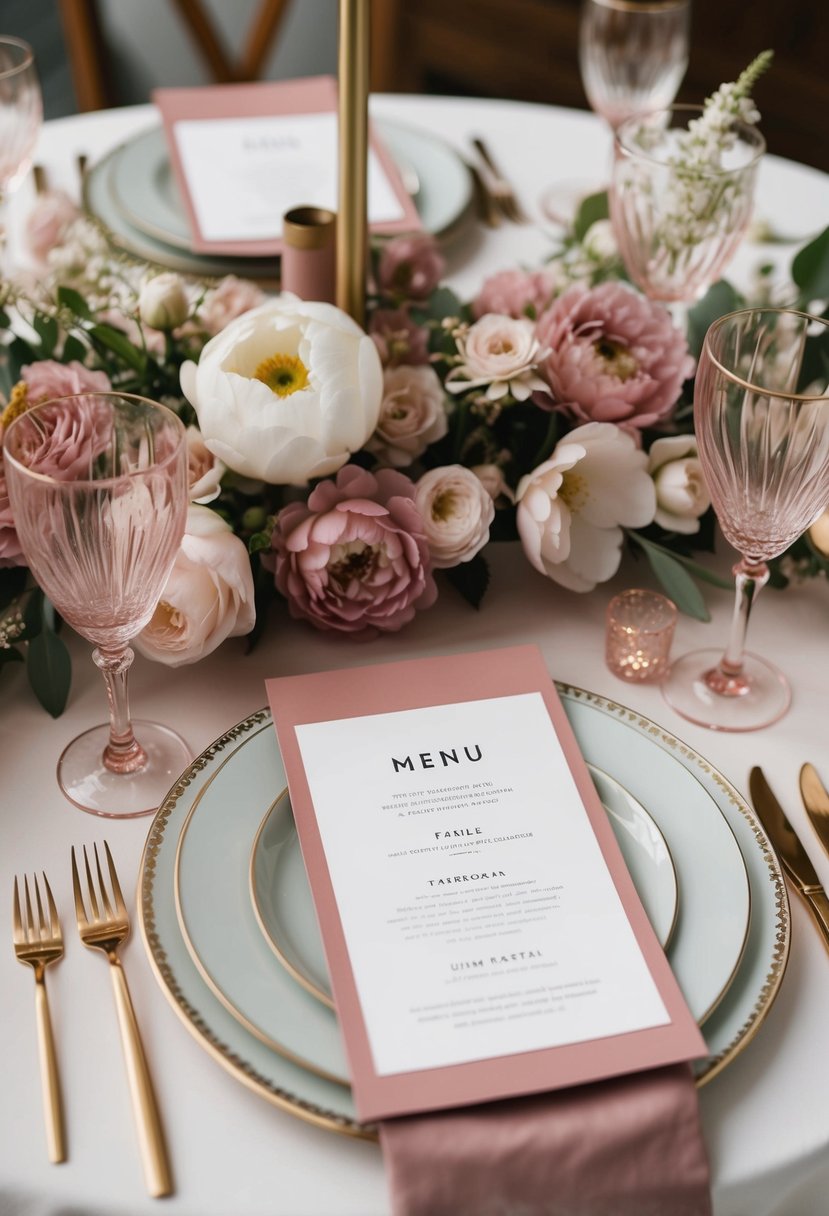 A table set with dusty pink menu cards amid delicate floral decorations