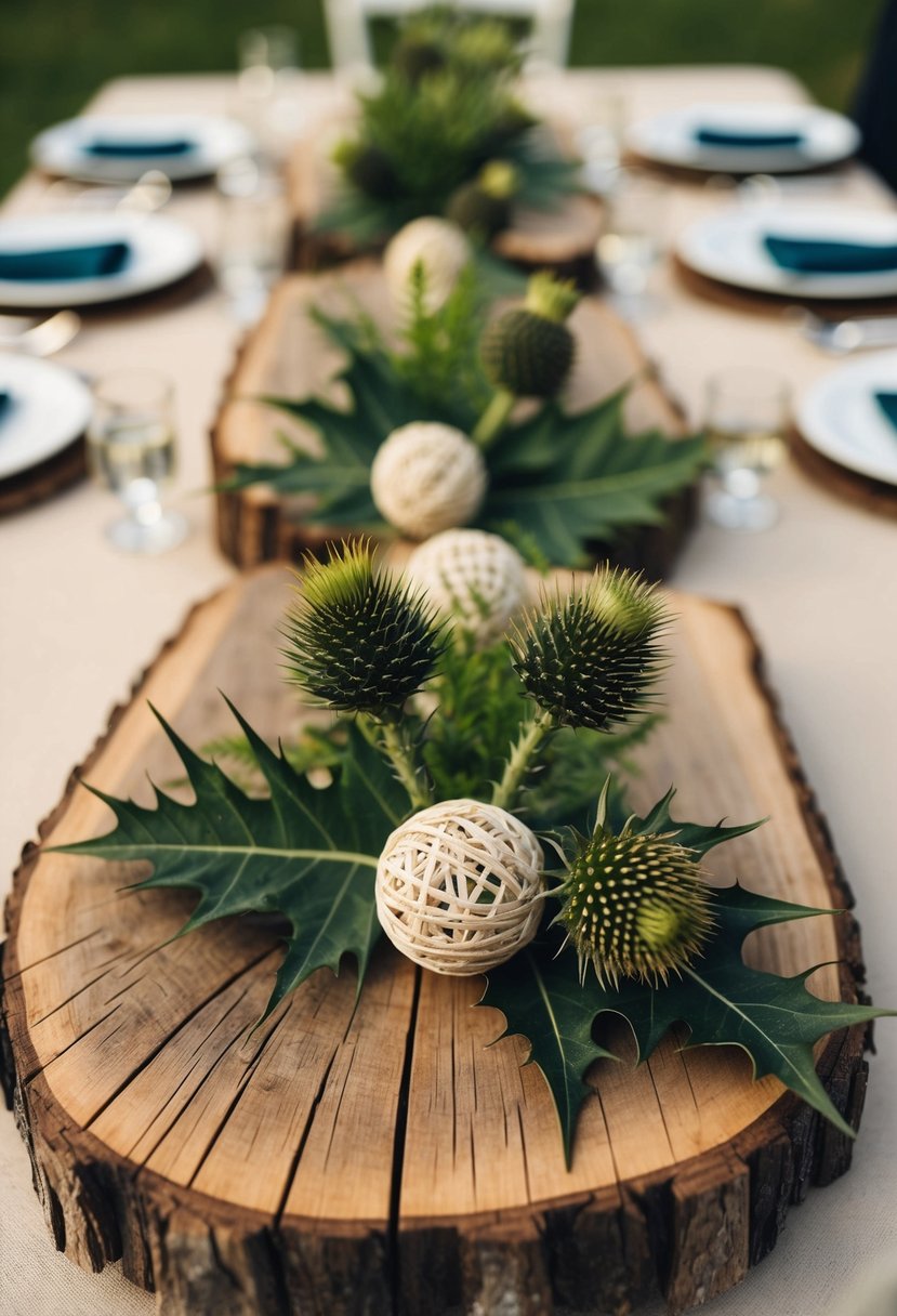 Reclaimed wooden slabs adorned with thistle and billy balls, creating a rustic wedding table centerpiece