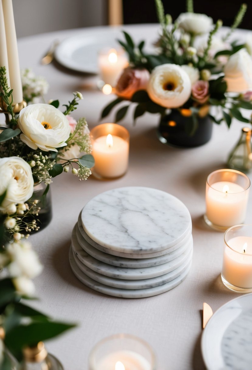 A set of marble coasters arranged on a table, surrounded by delicate floral centerpieces and softly glowing candles