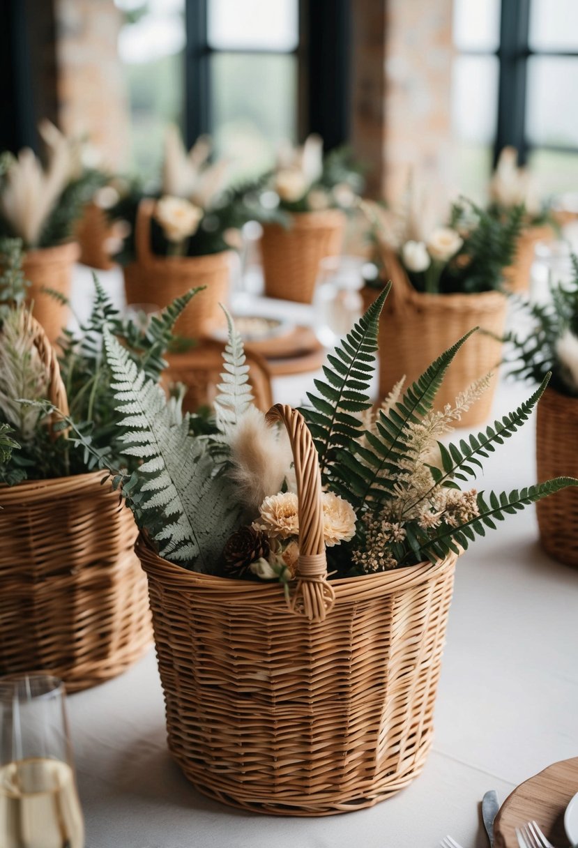 Wicker baskets overflow with dried ferns and flowers for wedding table decor