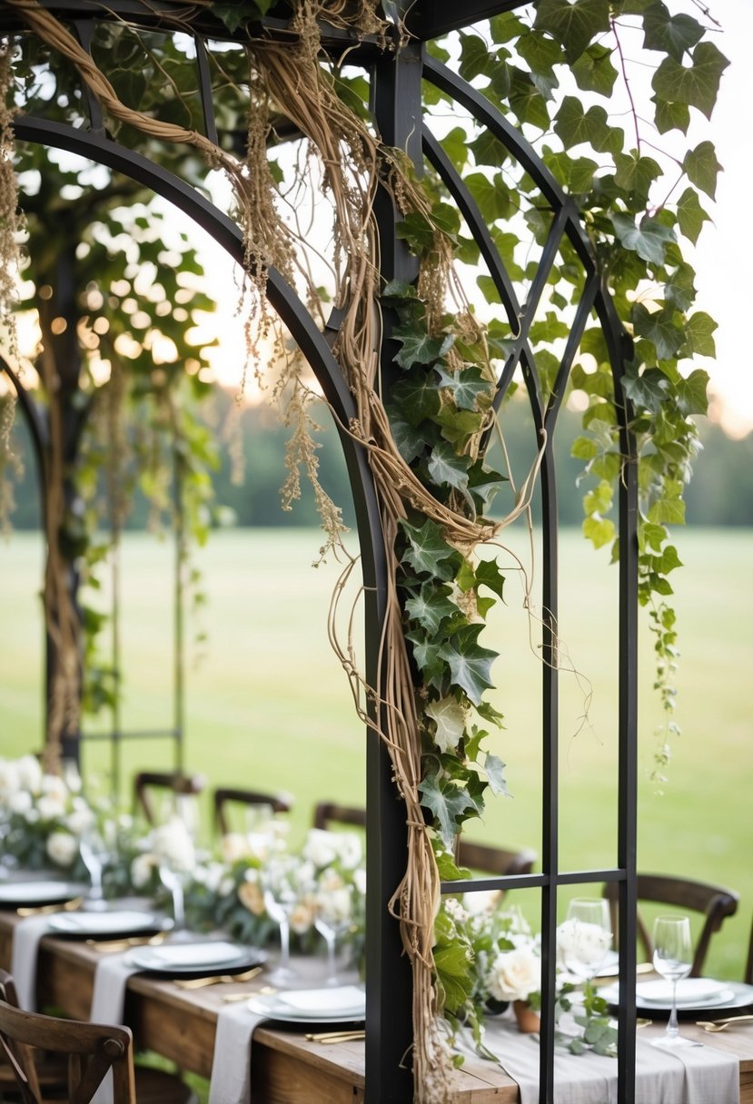 Ivy arches adorned with dried tendrils, creating a rustic wedding table centerpiece