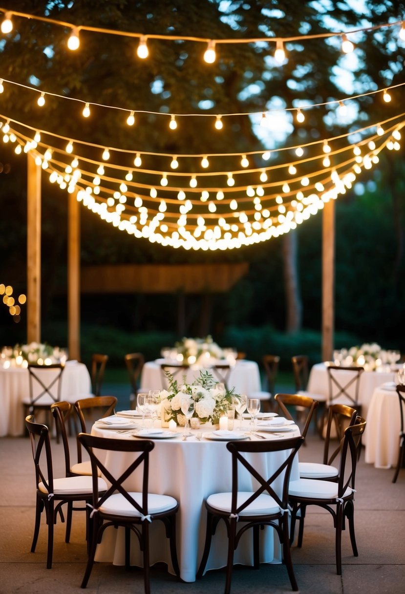 Glowing string lights hang above elegant wedding tables