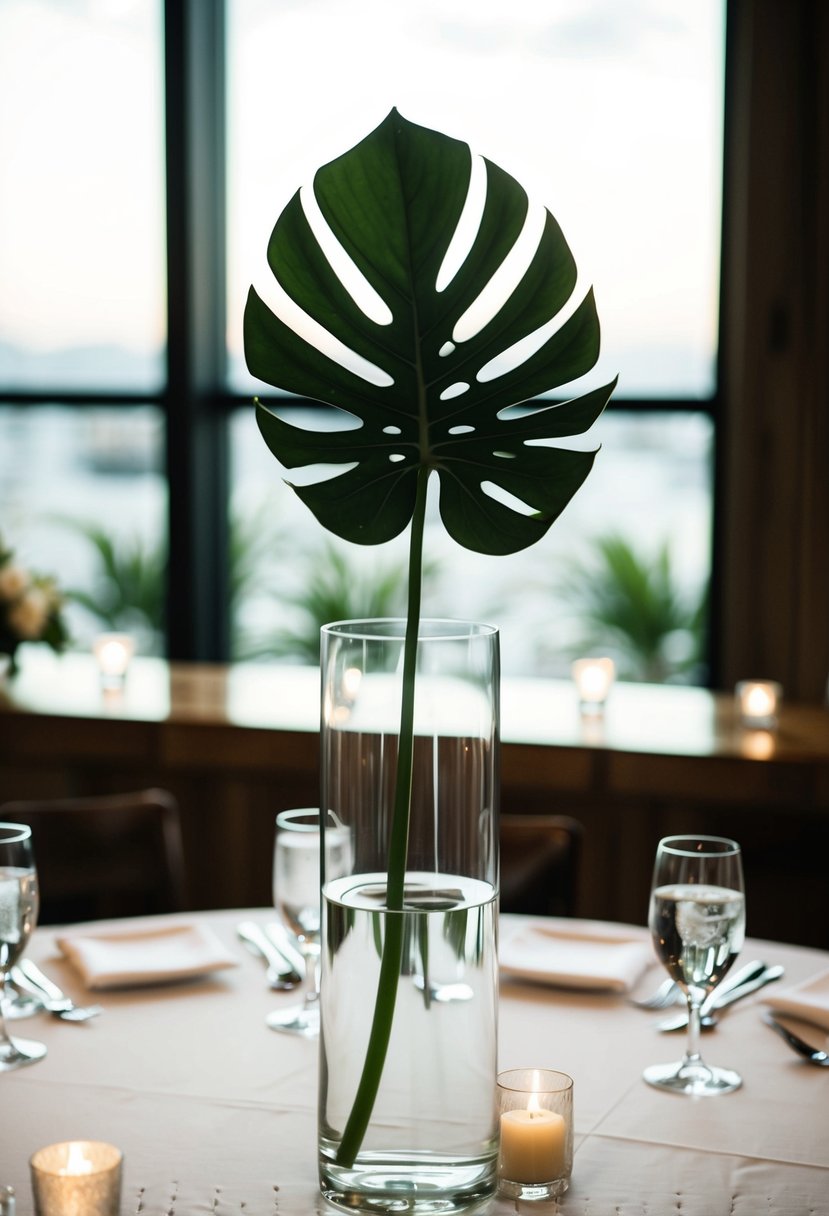 A single Monstera leaf stands in a tall, elegant vase on a wedding table, creating a simple yet sophisticated decoration