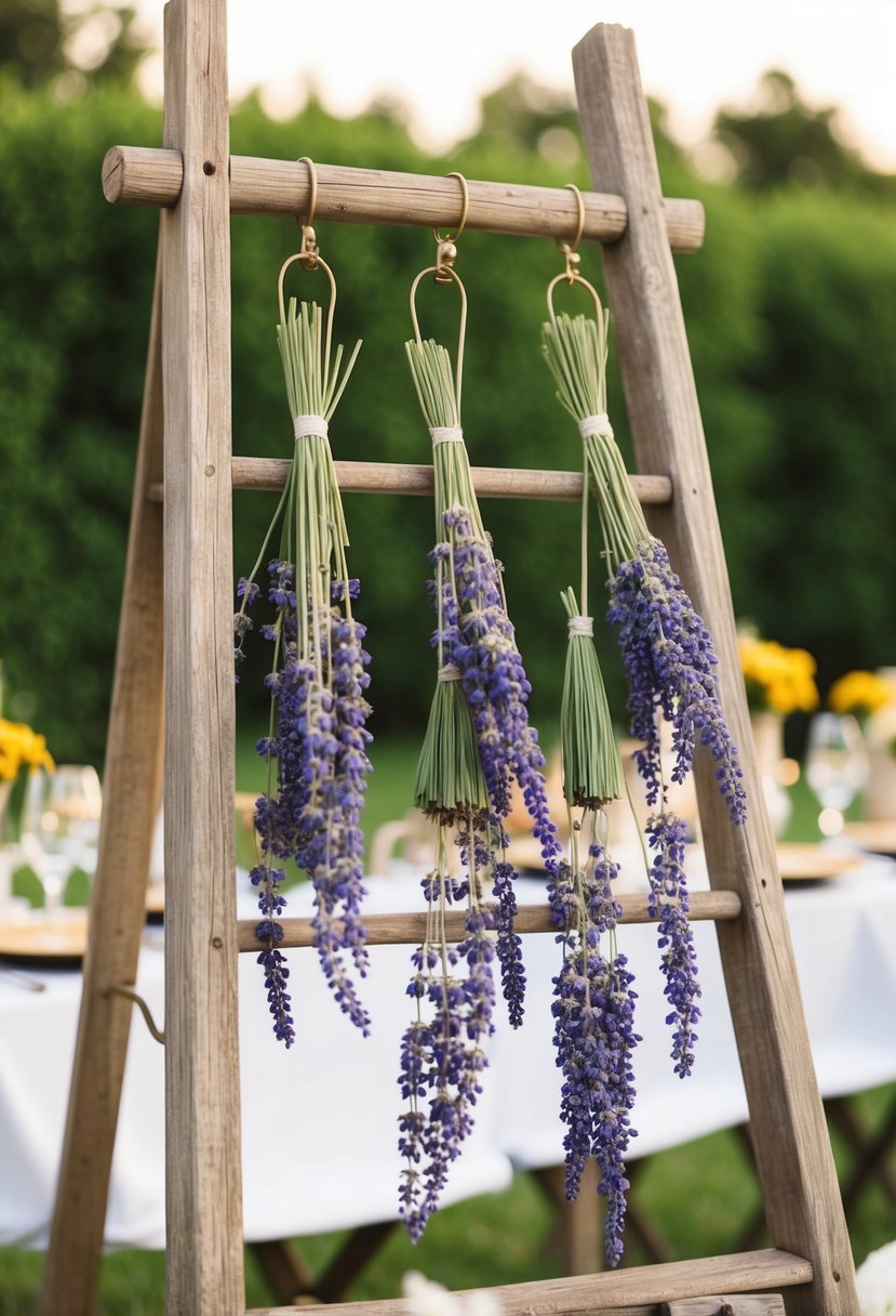 A rustic ladder adorned with suspended lavender bouquets, creating a charming dried flower wedding table decoration