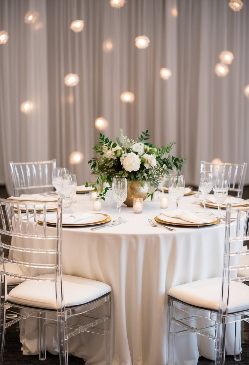 Clear acrylic chairs surround a simple, elegant wedding table adorned with transparent decor