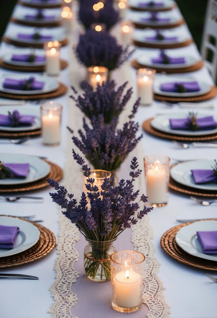 A table adorned with lavender centerpieces, delicate lace runners, and shimmering candlelight