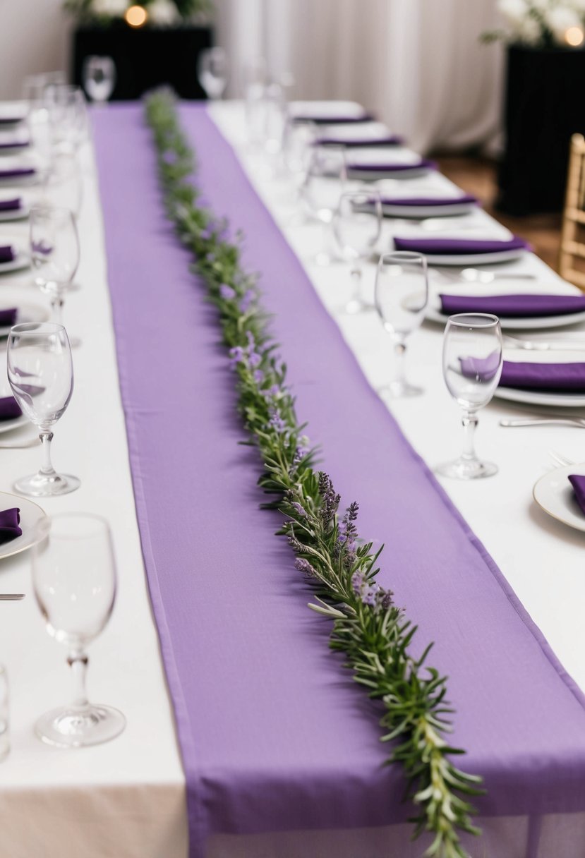 Lavender table runners lay elegantly across a white table, adding a subtle pop of color to the wedding reception decor