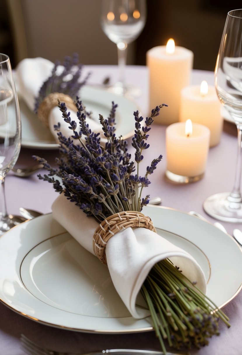 Dried lavender sprigs woven into napkin rings on a wedding table, surrounded by elegant place settings and soft candlelight