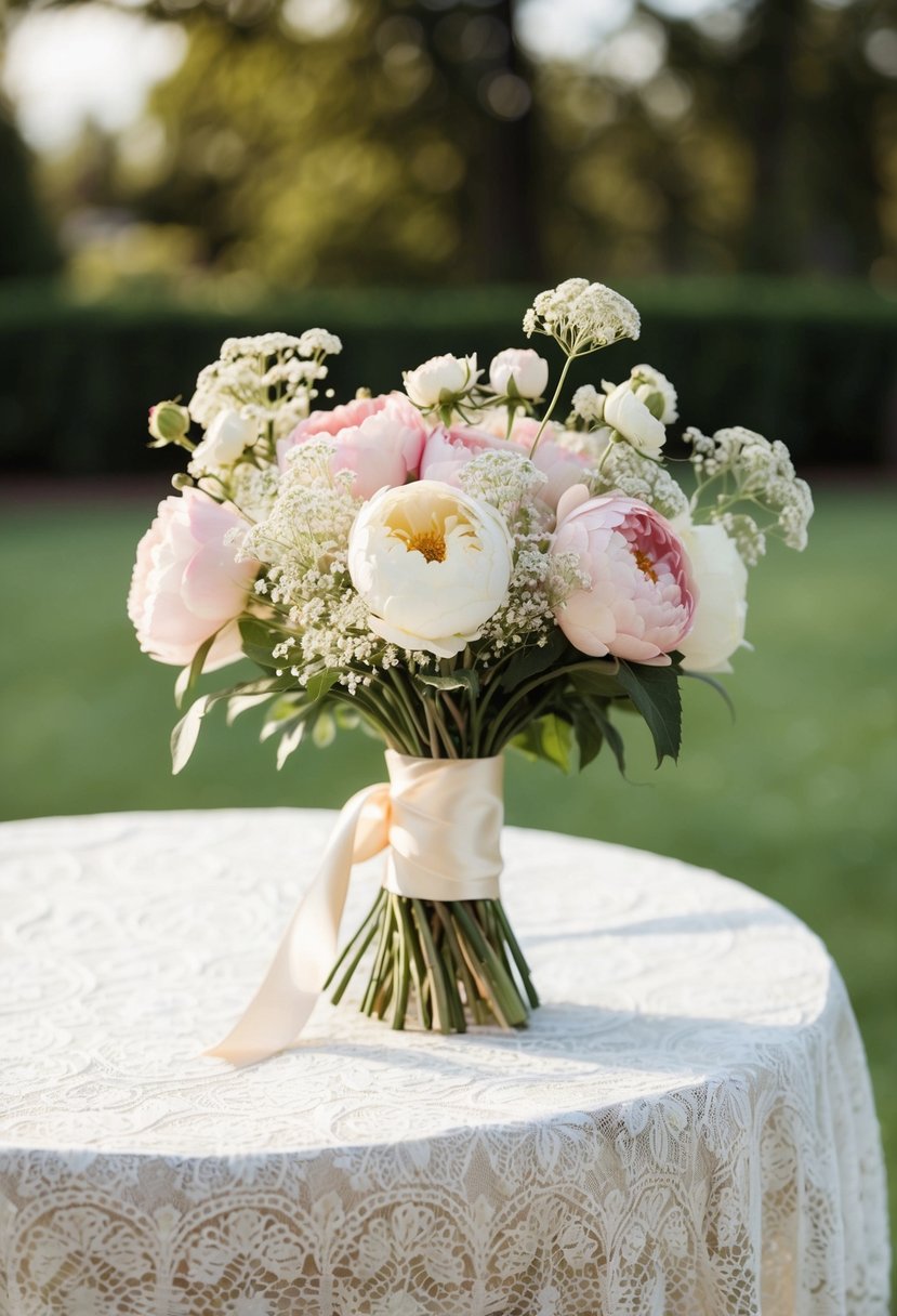 A table adorned with a delicate lace tablecloth holds a vintage-inspired bouquet of roses, peonies, and baby's breath, tied with a satin ribbon