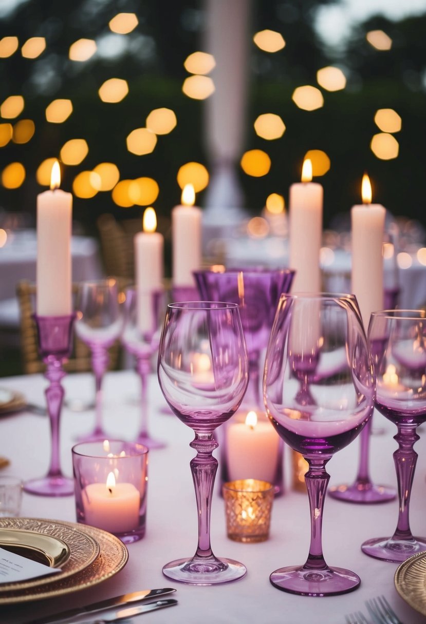 Lavender-tinted glassware on a wedding table with soft candlelight