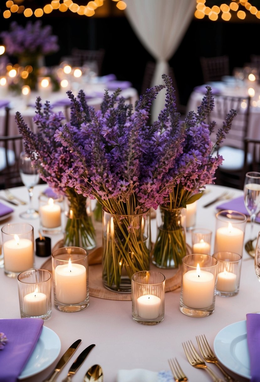 A round table adorned with lavender flowers and candles, creating a romantic and elegant centerpiece for a wedding reception