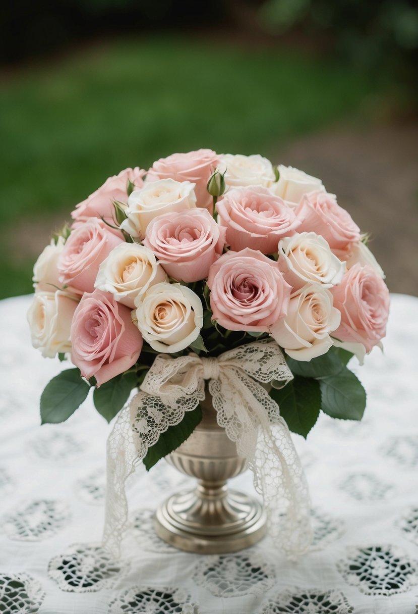 A delicate bouquet of blush pink and ivory roses tied with lace, nestled in a vintage silver vase on a lace tablecloth