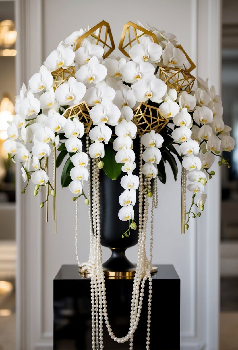 An opulent bouquet of cascading white orchids, adorned with gold geometric accents and draped with strands of pearls, sits atop a sleek black pedestal