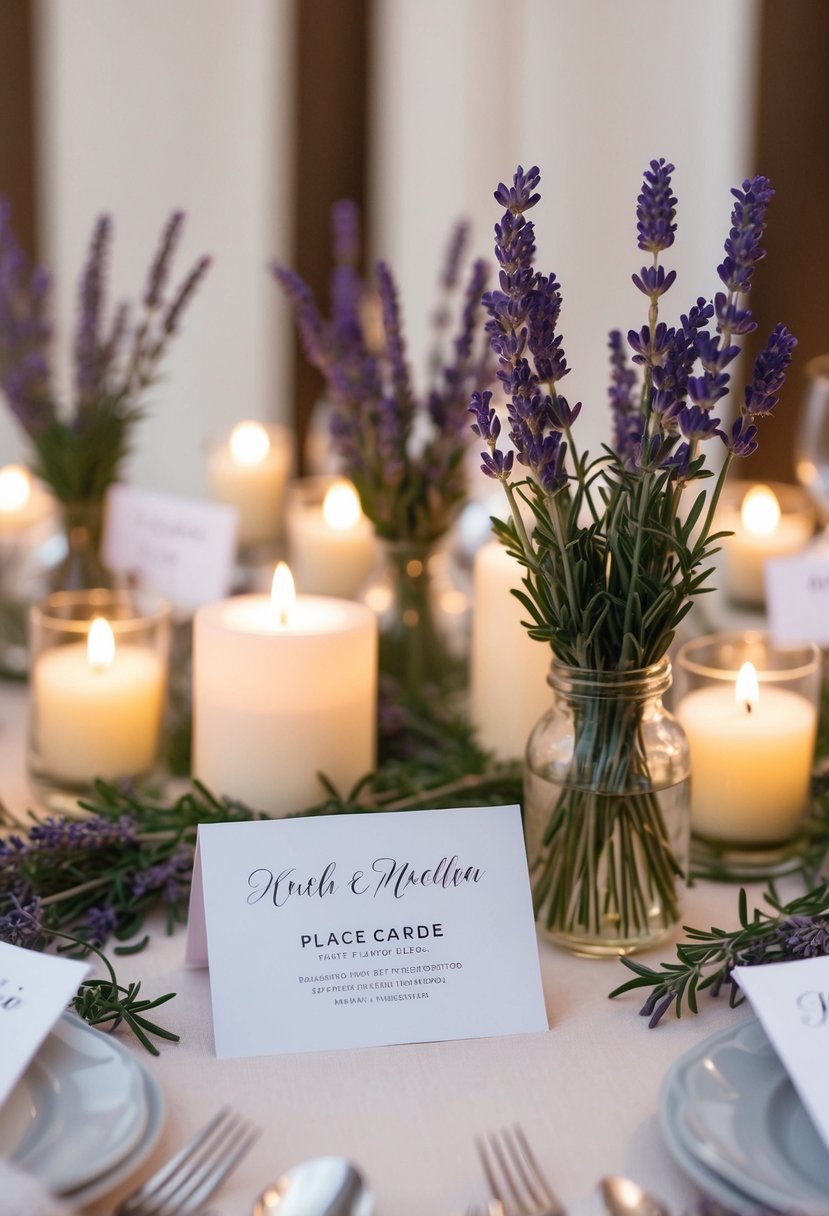 Lavender-infused place cards arranged on a wedding table, surrounded by delicate lavender sprigs and soft candlelight