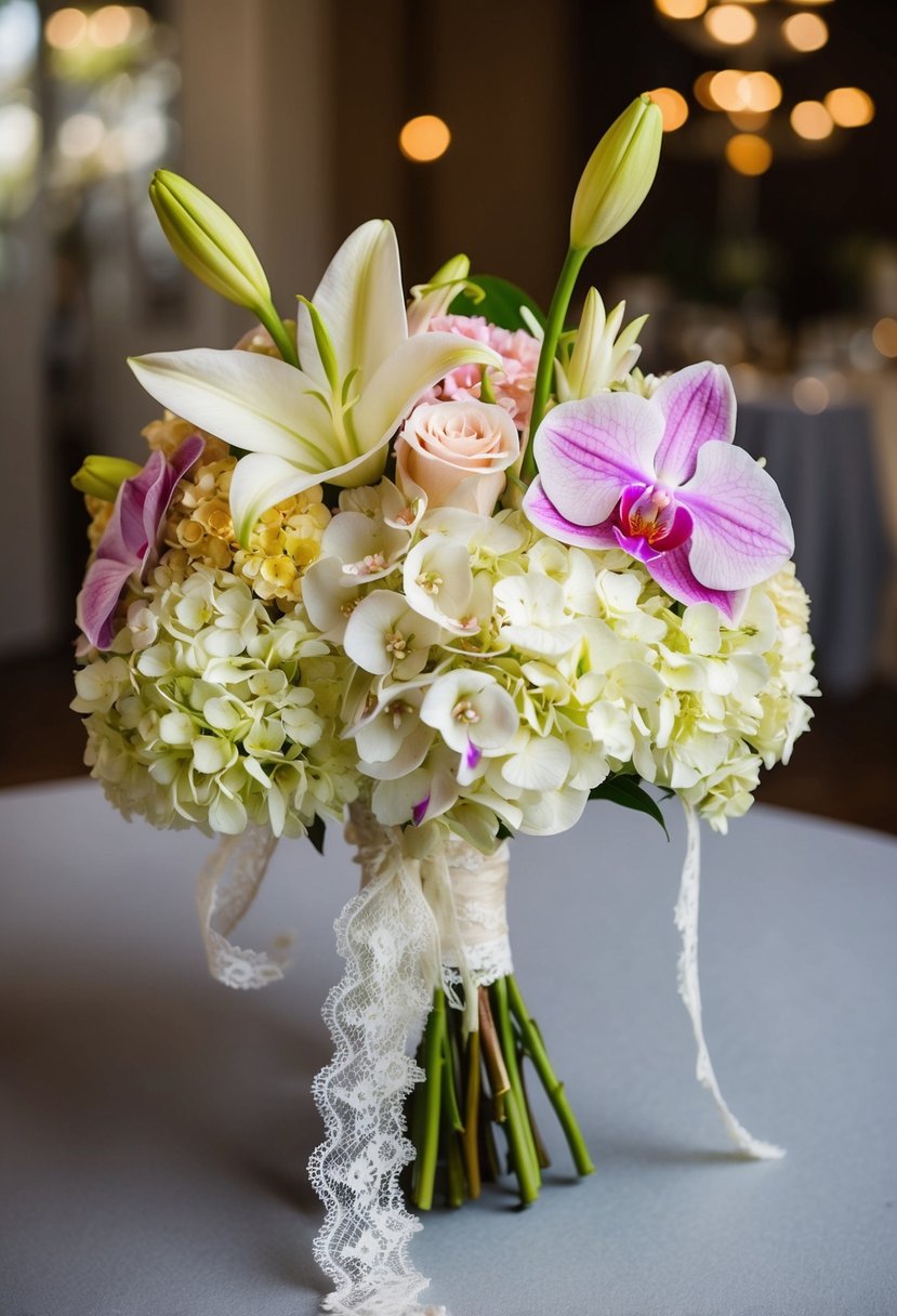 A vintage wedding bouquet featuring hydrangeas, lilies, and orchids in a mix of soft pastel colors, tied together with a lace ribbon