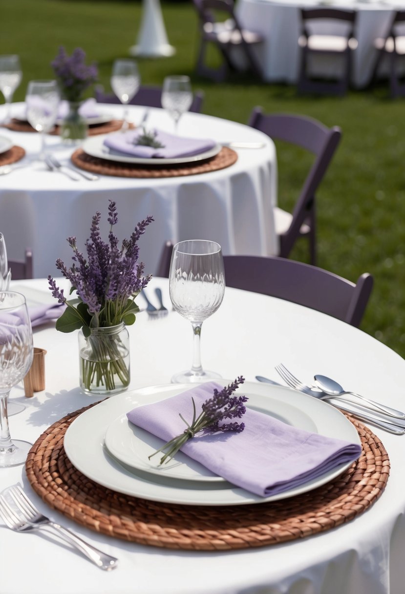 A table set with white linen cloths and lavender accents