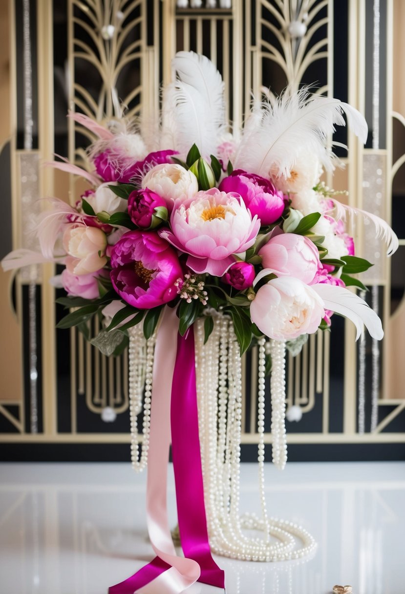 A whimsical 1920s style bouquet with vibrant peonies, delicate feathers, and cascading ribbons, set against a backdrop of art deco patterns and sparkling pearls