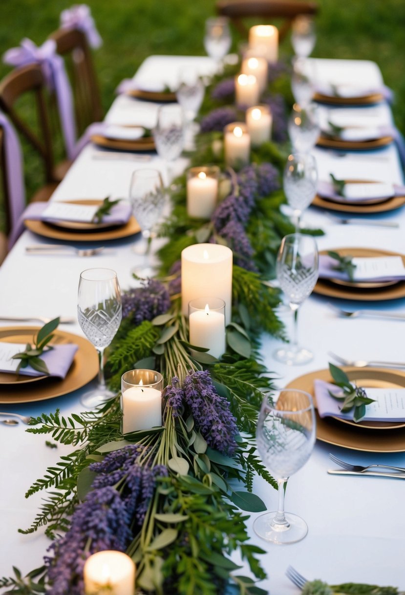 A table adorned with lavender and greenery garlands, creating a serene and elegant wedding centerpiece