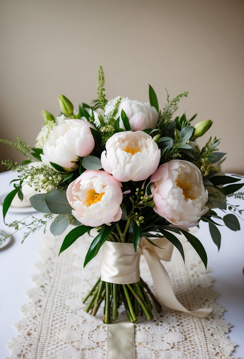 A lush bouquet of classic peonies, accented with delicate greenery and tied with a satin ribbon, sits atop a vintage lace table runner