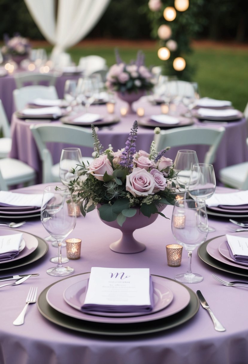 A lavender-hued table set with matching plates, napkins, and floral centerpieces creates a cohesive and elegant wedding reception scene