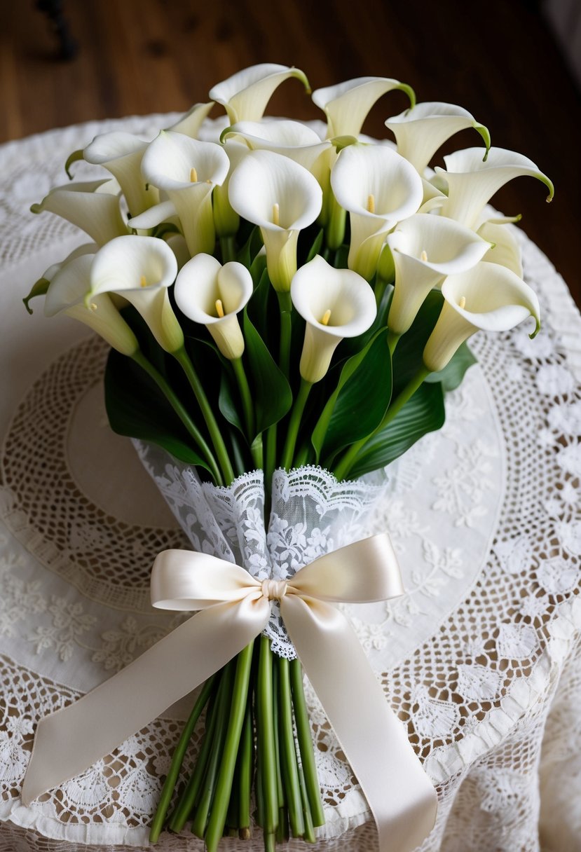 A delicate bouquet of white calla lilies, wrapped in lace and tied with a satin ribbon, sits atop an antique lace tablecloth