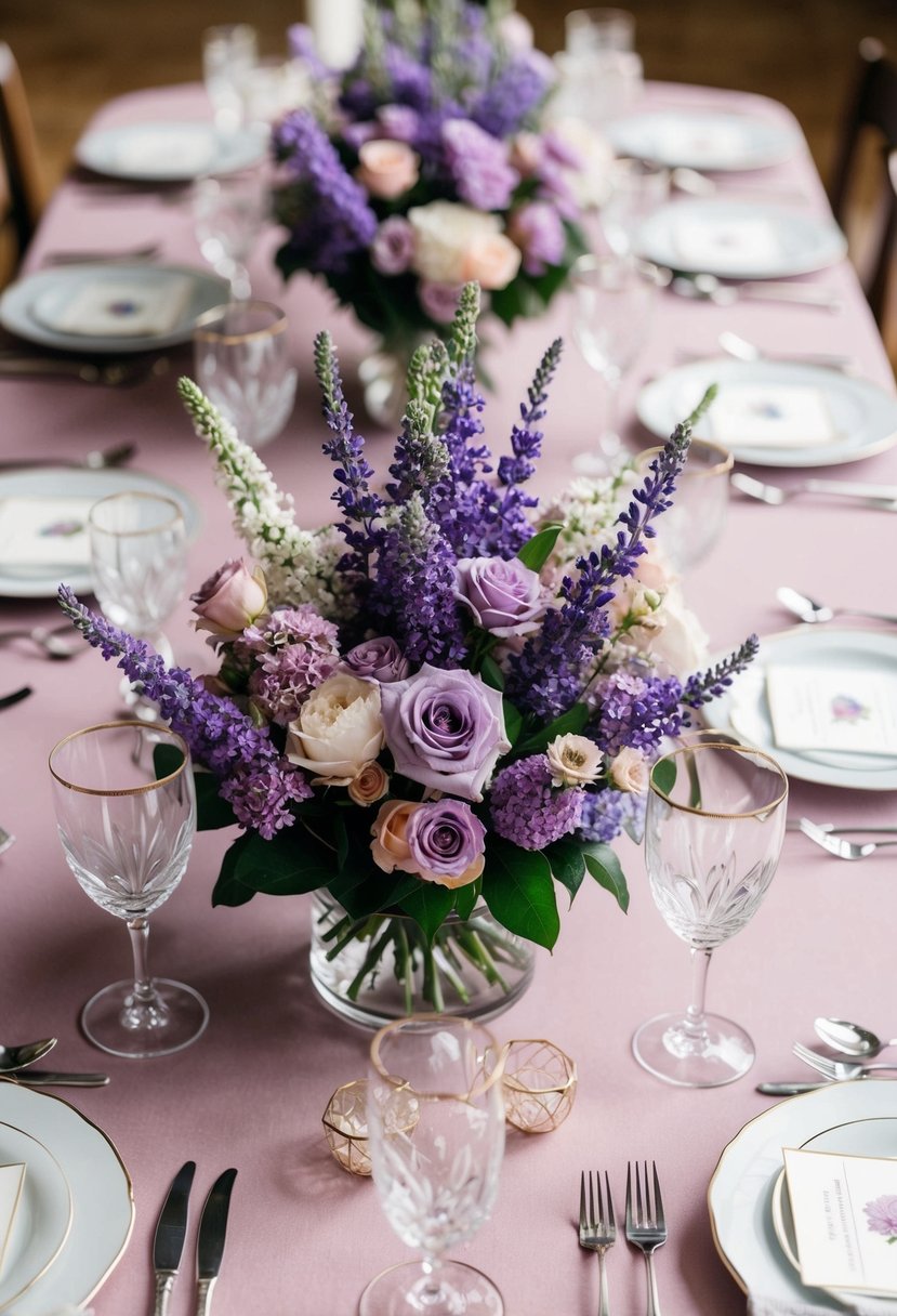 A table set with lavender floral centerpieces surrounded by pastel flowers