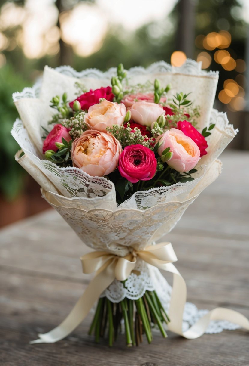 A bouquet of vintage flowers wrapped in lace and ribbon