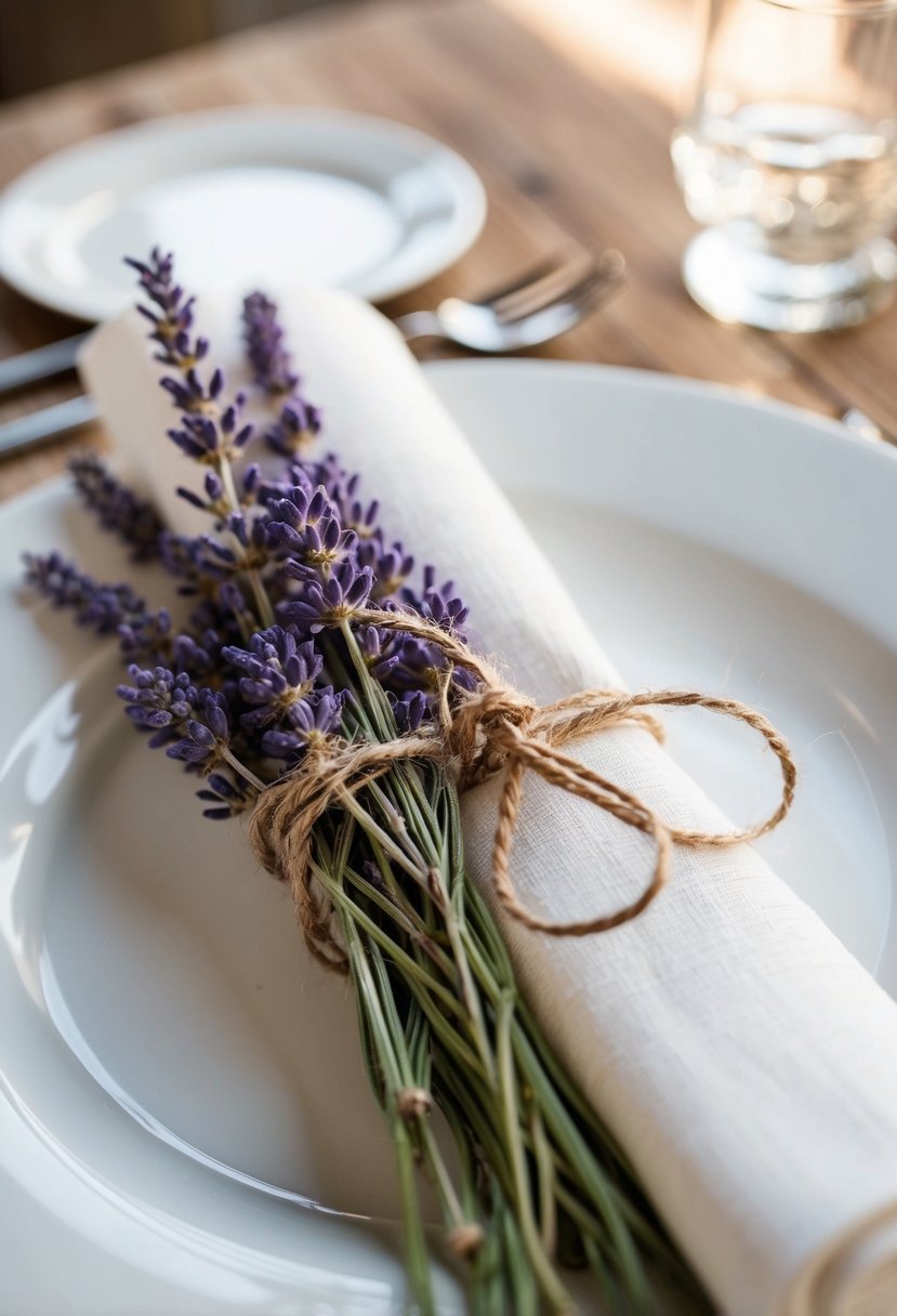 Napkins adorned with lavender sprigs and rustic twine