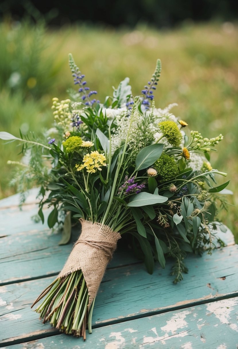 A bouquet of wildflowers and greenery tied with burlap ribbon, resting on a weathered wooden table