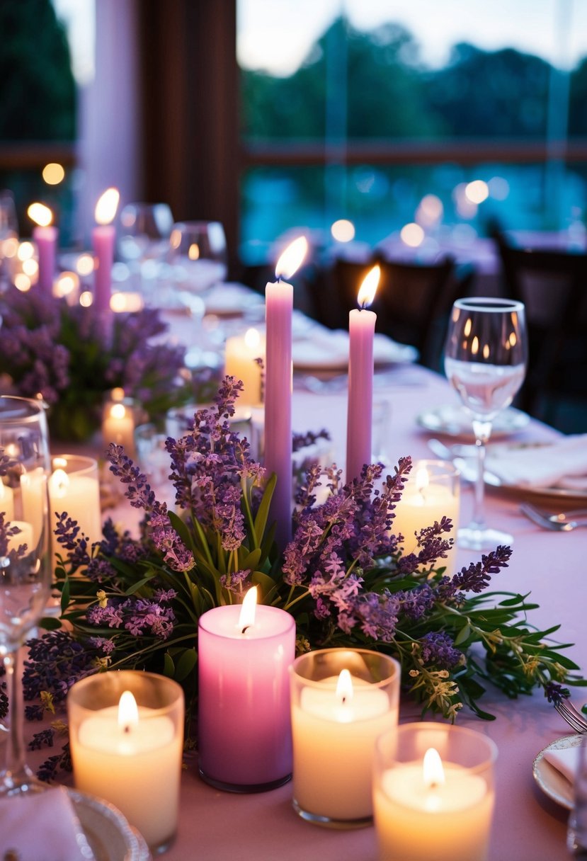 Lavender-scented candles illuminate a wedding table adorned with delicate lavender flowers and elegant decorations