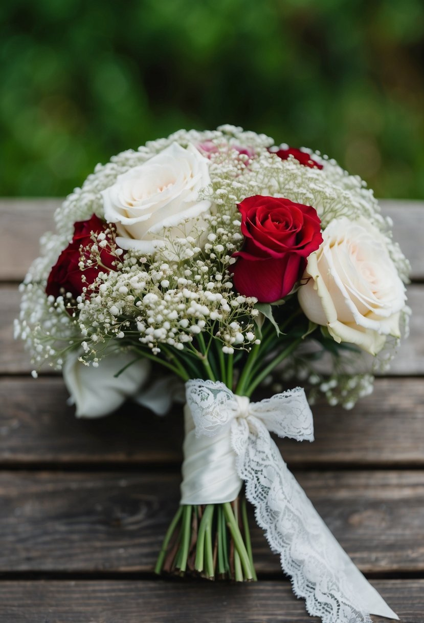 A vintage wedding bouquet with delicate baby's breath and fragrant roses, tied together with lace ribbon