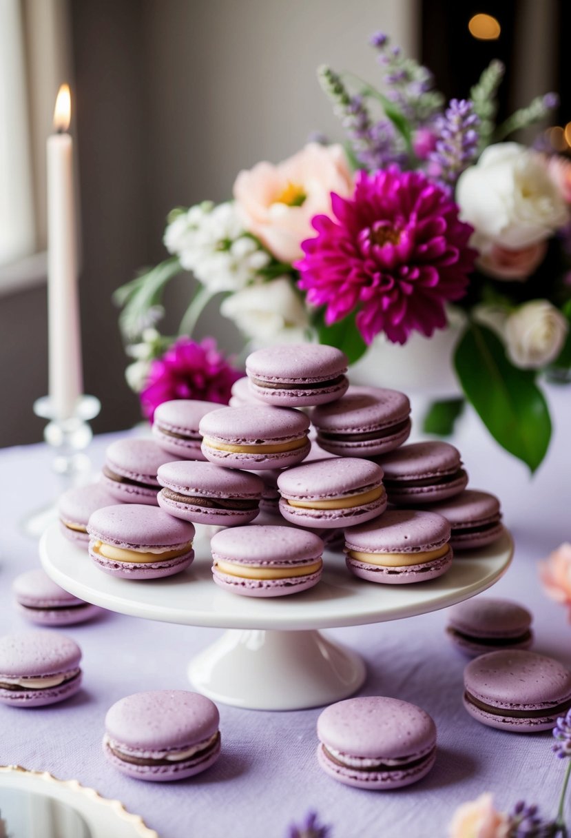 Lavender macarons arranged on a dessert table with floral decor